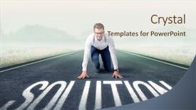  Presentation with kneeling - Beautiful slide deck featuring determined businessman kneeling before solution backdrop and a  colored foreground