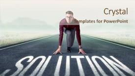  Presentation with kneeling - Amazing PPT theme having determined businessman kneeling before solution backdrop and a  colored foreground