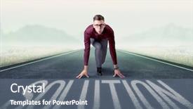  Presentation with kneeling - Colorful presentation design enhanced with determined businessman kneeling before solution backdrop and a gray colored foreground