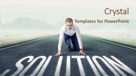  Presentation with kneeling - Theme with determined businessman kneeling before solution background and a sky blue colored foreground