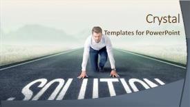  Presentation with kneeling - Audience pleasing theme consisting of determined businessman kneeling before solution backdrop and a  colored foreground