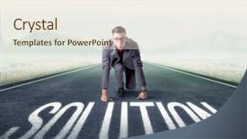  Presentation with kneeling - Beautiful slide set featuring determined businessman kneeling before solution backdrop and a  colored foreground