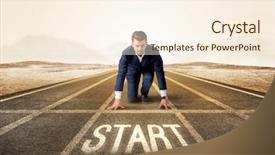  Presentation with kneeling - Colorful presentation theme enhanced with determined businessman kneeling before start backdrop and a cream colored foreground