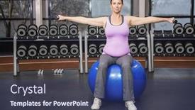  Presentation with gym ball - Beautiful slide set featuring determined woman lifting dumbbells on fitness ball at the gym backdrop and a ocean colored foreground