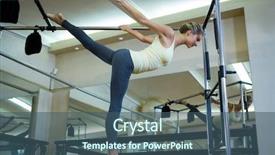  Presentation with pilates - Slide set with determined woman performing stretching exercise on pilates cadillac in gym background and a ocean colored foreground