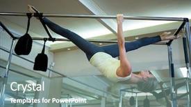  Presentation with exercise - Presentation design featuring determined woman performing stretching exercise on pilates cadillac in gym background and a gray colored foreground