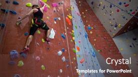  Presentation with rock climbing - Amazing slide deck having determined woman practicing rock climbing in fitness studio backdrop and a tawny brown colored foreground
