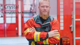  Presentation with fire truck - Slide deck featuring determined-young-fire-fighter background and a coral colored foreground