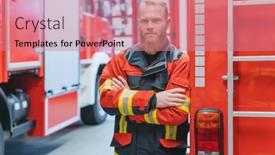  Presentation with fire truck - Presentation theme featuring determined-young-fire-fighter background and a coral colored foreground