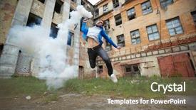  Presentation with smoking - Presentation theme having detonation - portrait of furious dude jumping background and a gray colored foreground