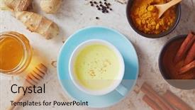  Presentation with milk tea - Presentation consisting of detox drink made of turmeric background and a coral colored foreground