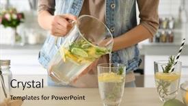  Presentation with pouring water - PPT layouts with detox water - young woman pouring lemonade background and a coral colored foreground