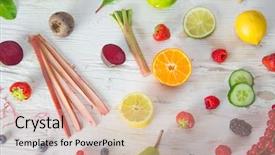  Presentation with vegetables - Cool new presentation theme with detoxification - fresh furit and vegetables background backdrop and a lemonade colored foreground