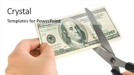  Presentation with money - Colorful presentation theme enhanced with devalued - hands with scissors cutting money backdrop and a white colored foreground