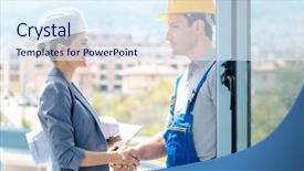  Presentation with construction work - Theme featuring accepting - handshake on construction site background and a sky blue colored foreground