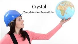  Presentation with globe - PPT theme enhanced with developing country - tradeswoman holding up a globe background and a white colored foreground