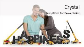  Presentation with machines - Cool new presentation with developing happiness concept loving young couple along with construction machines building the word happiness isolated on white background backdrop and a white colored foreground