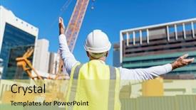  Presentation with industrial engineering silhouette construction - PPT theme having development civil engineering constructions - engineer builder at construction site background and a  colored foreground