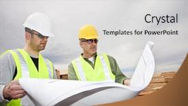  Presentation with civil engineering - PPT layouts with development civil engineering constructions - two contractors reading construction plans background and a light gray colored foreground
