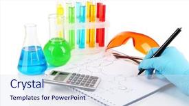  Presentation with scientist - Slide set consisting of development pan - hand scientist writing formulas isolated background and a  colored foreground