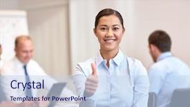  Presentation with diverse group of smiling people giving thumbs up - Audience pleasing presentation theme consisting of development plan - business people gesture and teamwork backdrop and a sky blue colored foreground