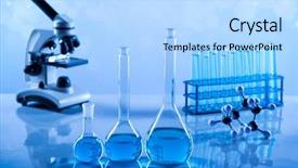  Presentation with research development - Colorful slide deck enhanced with development scientific glassware for chemical backdrop and a light blue colored foreground