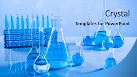  Presentation with research development - Audience pleasing slides consisting of development scientific glassware for chemical backdrop and a light blue colored foreground