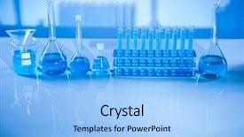  Presentation with research development - Presentation design consisting of development scientific glassware for chemical background and a light blue colored foreground