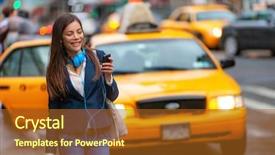  Presentation with new york - Audience pleasing PPT theme consisting of device - young woman walking in new backdrop and a tawny brown colored foreground