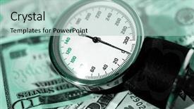  Presentation with high blood - Theme enhanced with device with money - high costs background and a mint green colored foreground