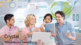  Presentation with tablets - Cool new PPT theme with devices in front of world backdrop and a coral colored foreground