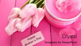  Presentation with tulips - Audience pleasing PPT theme consisting of dia das maes - beautiful bouquet of tulips backdrop and a coral colored foreground