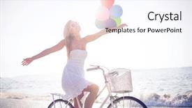  Presentation with bike - Audience pleasing PPT theme consisting of dia de la mujer - beautiful blonde on bike ride backdrop and a  colored foreground