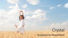  Presentation with golden woman - Audience pleasing presentation theme consisting of dia de la mujer - happy woman jumping in golden backdrop and a lemonade colored foreground