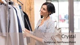  Presentation with boutique - Slide set consisting of dia de la mujer - young woman in boutique selecting background and a coral colored foreground