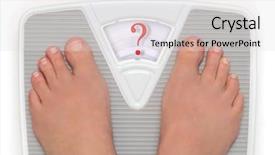  Presentation with diabetic foot - Presentation enhanced with diabetic foot - female feet on bathroom scale background and a light gray colored foreground