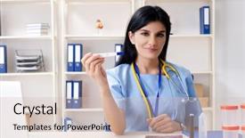  Presentation with gynecologist - PPT theme featuring diagnoil striped - female doctor gynecologist working background and a soft green colored foreground