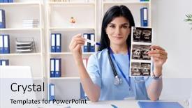  Presentation with gynecologist - PPT layouts consisting of diagnoil striped - female doctor gynecologist working background and a light blue colored foreground