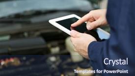  Presentation with tablet - PPT theme with diagnose - mechanic standing in front background and a ocean colored foreground