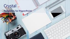  Presentation with diagonal colors - Slide deck having diagonal colors - office desk with supplies camera background and a sky blue colored foreground