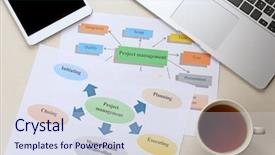  Presentation with project management - Presentation design enhanced with diagram with printed features background and a sky blue colored foreground