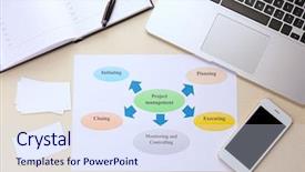  Presentation with project management - Slide deck having diagram with printed features background and a sky blue colored foreground