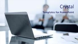  Presentation with young man holdng laptop on lap money - Presentation theme enhanced with dialog - laptop on the table background and a sky blue colored foreground