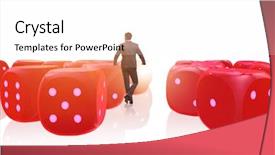  Presentation with probability - Cool new slide deck with dice probability - businessman thinking about chances backdrop and a  colored foreground