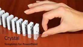  Presentation with wooden - Beautiful slide deck featuring dice reaction - hand pushing dominoes on wooden backdrop and a  colored foreground