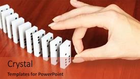  Presentation with rustic wood wooden frame - PPT theme with dice reaction - hand pushing dominoes on wooden background and a  colored foreground