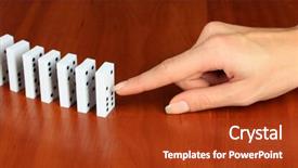  Presentation with wooden - Cool new presentation design with dice reaction - hand pushing dominoes on wooden backdrop and a  colored foreground