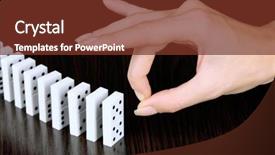  Presentation with banquet server hand - Slide set consisting of dice reaction - hand pushing dominoes on wooden background and a  colored foreground