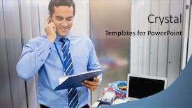  Presentation with server room - PPT layouts featuring dictator - technician dictating checklist report background and a coral colored foreground