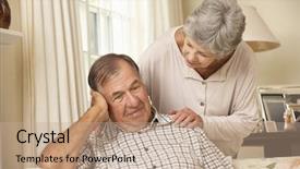  Presentation with senior smart home - Colorful presentation enhanced with diesease - senior woman comforting unhappy husband backdrop and a coral colored foreground